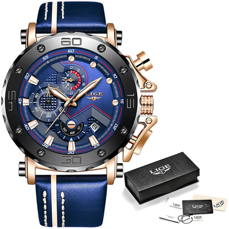 

2019 New LIGE Mens Watches Top Brand Luxury Big Dial Military Quartz Watch Casual Leather Waterproof Sport Chronograph Watch Men
