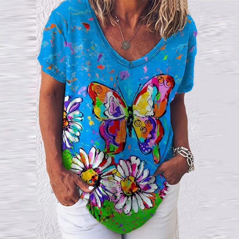 

Summer Women's Top Butterfly Print V-neck Short-sleeved Retro T-shirt Casual Loose Fashion Women's T-shirt 2021 Women Clothing