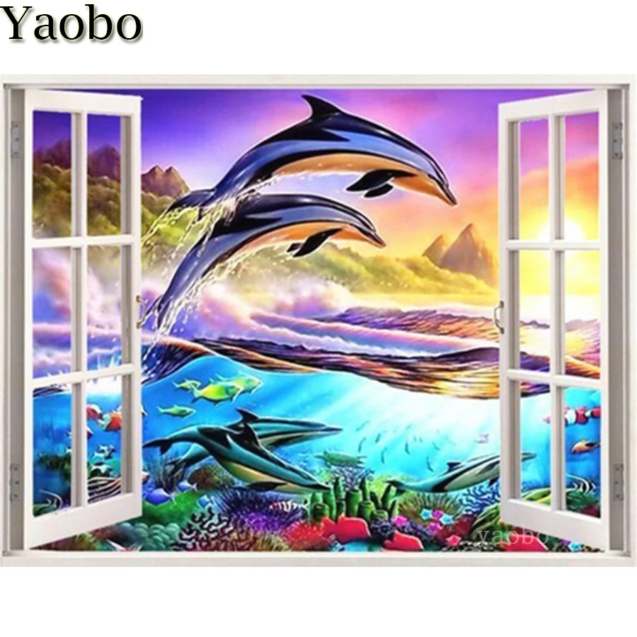 

5D cross stitch diamond embroidery Dolphin seascape animal window DIY diamond Painting full drill Square round diamond mosaic