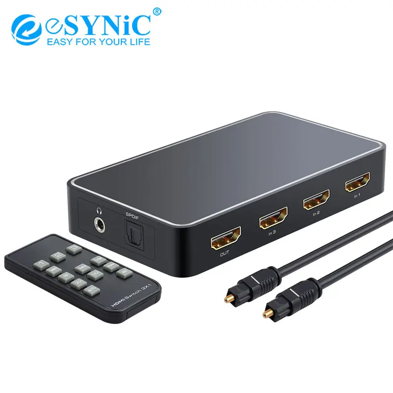 

eSYNiC 3 Port HDMI Switch with Audio Extractor PIP HDMI to HDMI Optical TOSLINK SPDIF Audio Converter IR Remote Switcher 4K 3D