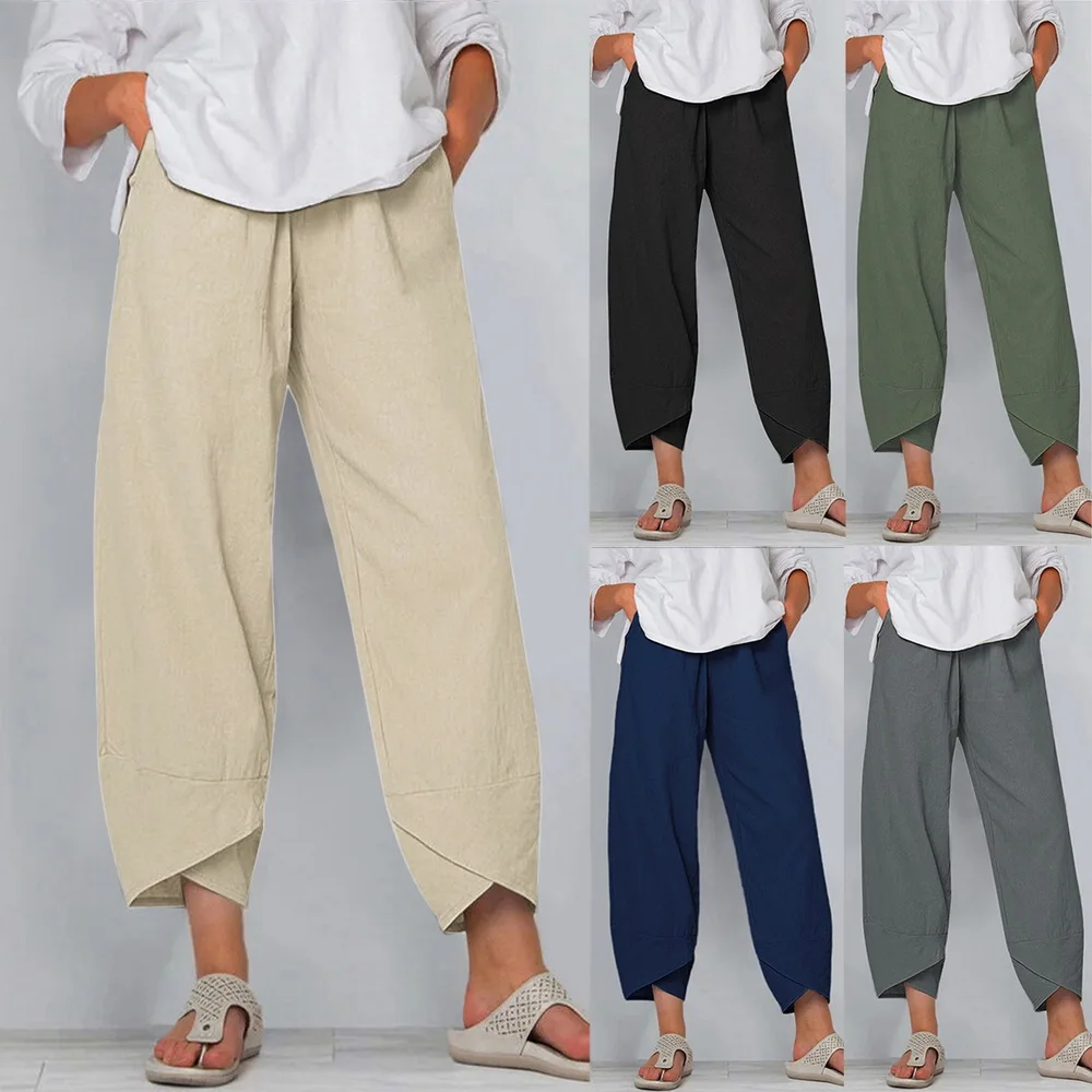 

Vintage Harem Pants Women Casual Loose Printed Elastic Waist Cotton Linen Wide Leg Pants Summer Irregular Pantalon Cropped Pants