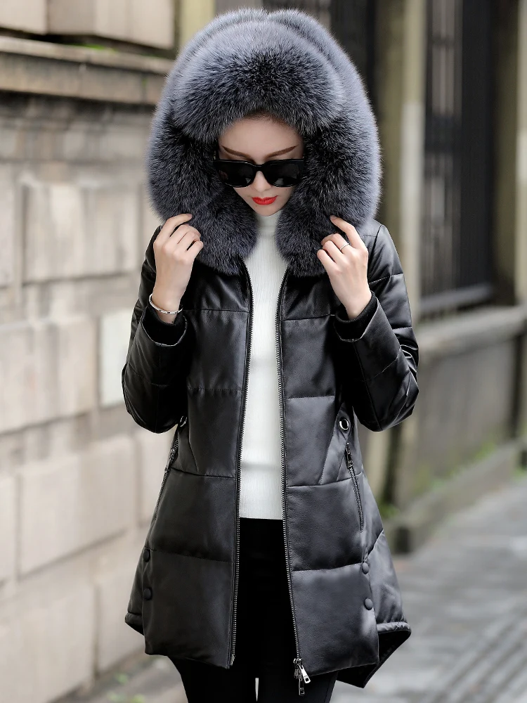 Plus Size 5XL 2020 Winter New Leather Leather Jacket Women's Sheep Skin Medium Long Large Size Fur Coat with Cap