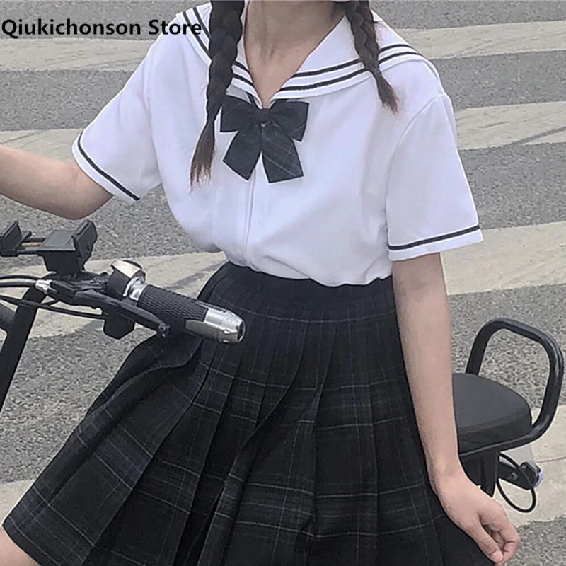 

Qiukichonson Short Sleeve Blouse Women Japanese Kawaii Striped Sailor Collar Zip Up White Shirt School Girls Summer Tops chemise