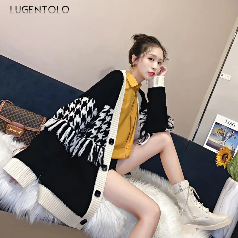 

Lugentolo Cardigans Sweaters Women Loose Tassel Houndstooth Pattern V-neck Knitted Winter Korean Fashion Womens Sweater