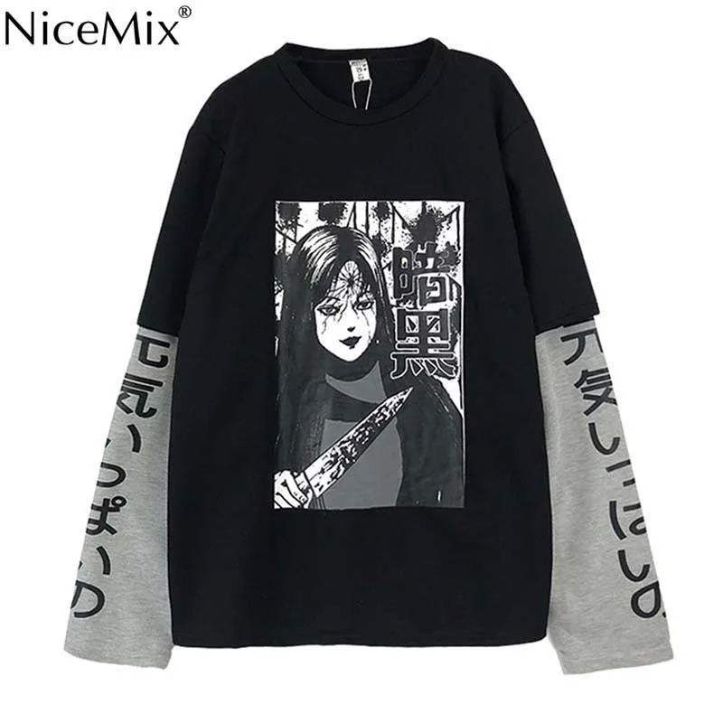 31683black NiceMix Harajuku футболка женская поддельная 2 шт. принт японский Fujiang Ужасы комиксы длинный рукав рубашка Женская Vetement Femme - Цвет: 31683black