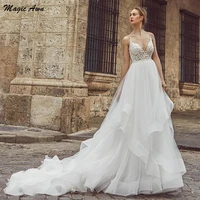 magic awn new lace appliques boho wedding dresses spaghetti straps open back v neck beach a line bridal gowns robe de mariee