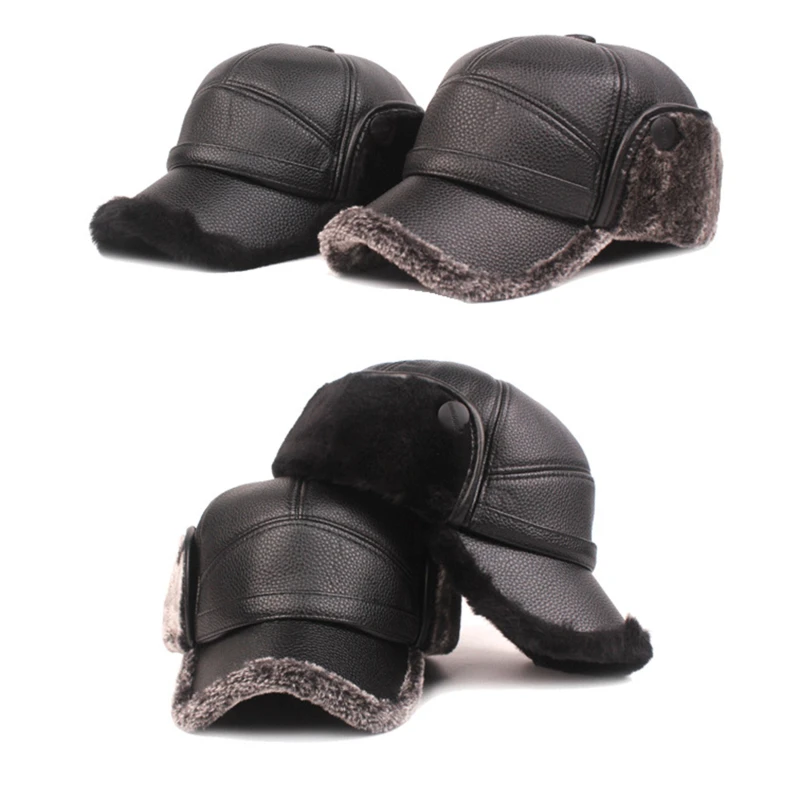

Keep Warm Winter Hats Fashion Men Leather Baseball Cap Outdoor Soft Plush Warm Visors Hat Ear Protection Skiing Hat Gorras