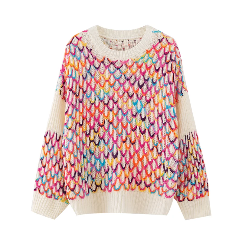 Женский укороченный Свитер оверсайз Свободный пуловер в клетку с круглым