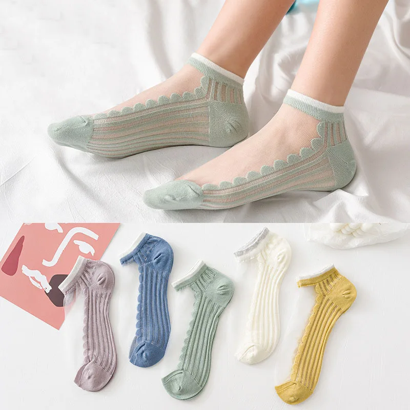 

Women Summer Thin Crystal Socks Glass Silk Socks Shallow Mouth Boat Socks Transparent Cotton Bottom Socks