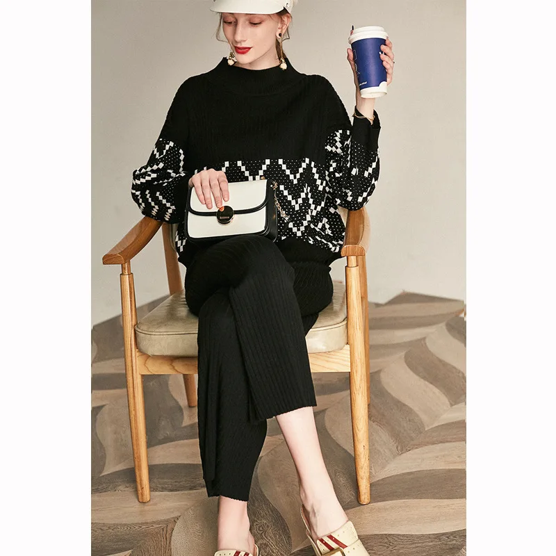 

Women Sweater Two Piece Knitted Sets Jacquard Tracksuit Chic Pullover Crewneck Long Sleeve Top Wide Leg Pants 2021