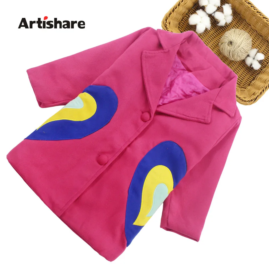 Детская куртка шерстяная с сердечками для девочек теплое пальто длинными