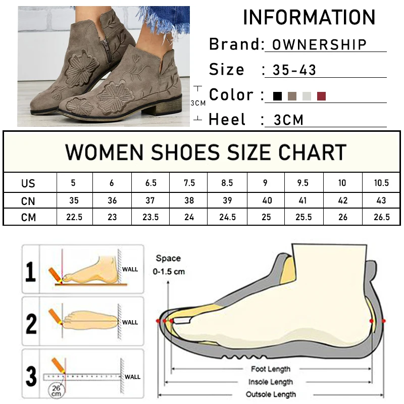 

Women's Print Ankle Boots Women Flower Zip Short Boots Woman Round Toe Toe Low Heels Female Elegant Spring Autumn Shoes Big Size