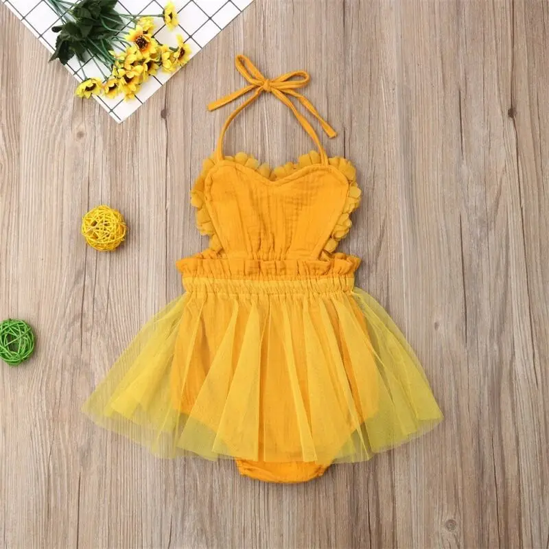 Emmababy Newborn Cotton Linen Yellow Romper Dress Kid Baby Girl Backless Party Lace Tutu Summer Clothe 0-3T | Мать и ребенок