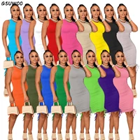 gsuwoo solid sleeveless lace up ruched bodycon mini dress women sexy bandage hollow out party club dresses summer outfit vestido