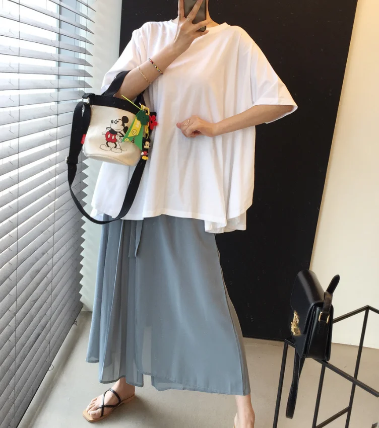

SuperAen 2021 Summer Solid Chiffon Women Wide Leg Pants Casual High Waist Trousers Women Big Size Ankle-Length Pants