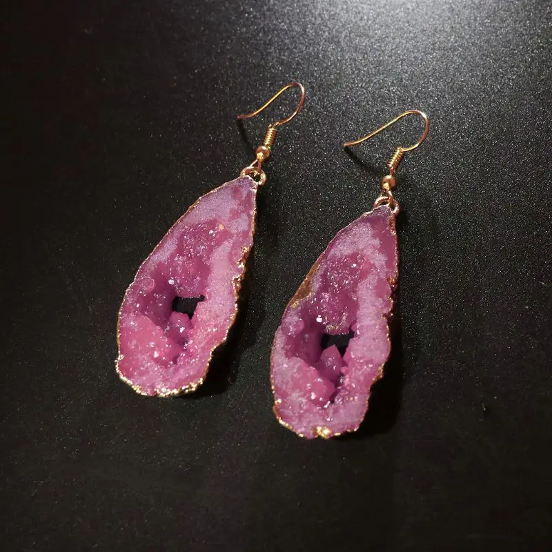 

69HB Gold Plated Irregular Resin Druzy Slice Fish Hook Drop Dangle Earrings Women