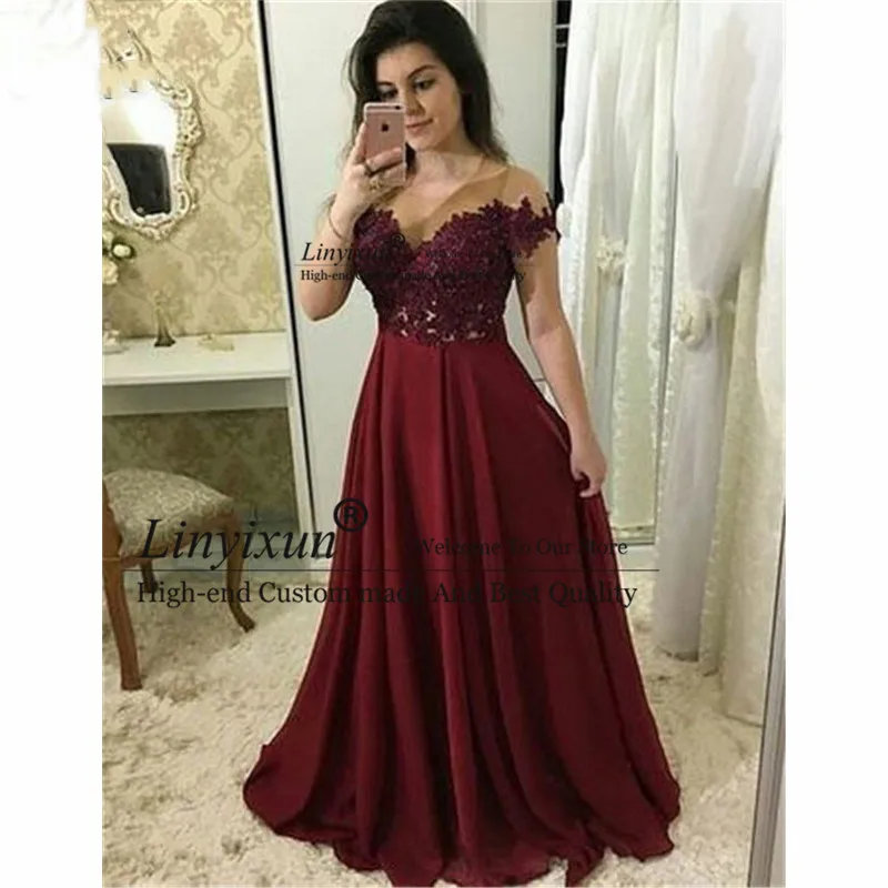 

2020 Off Shoulder Burgundy Evening Dress for Teens with Appliques Vestidos de fiesta Chiffon A-Line Evening Prom Party Dress