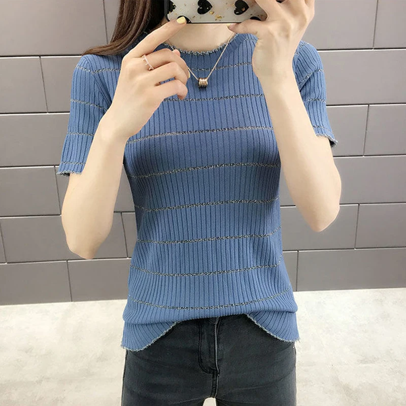 

Summer Bright Silk Stripe Slim Knitted T-Shirt Women Korean Fashion O-Neck Knitwear Tops Casual Thin Base Shirt Tees Female