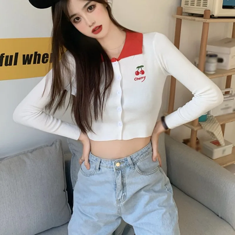 

Women Thin Knitted Sweet Jacket Long-sleeved Embroidery Cherry Print Sweater Lazy Style Short Top New Arrivals