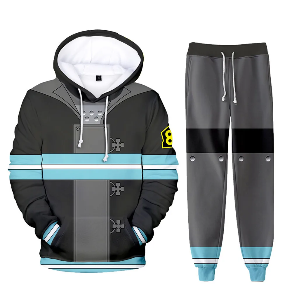 

Fire Force Anime Cosplay Costume Shinra Kusakabe 2 Pieces Sets Tracksuit Men Hooded Sweatshirt+Sweatpants Firefighter Uniform