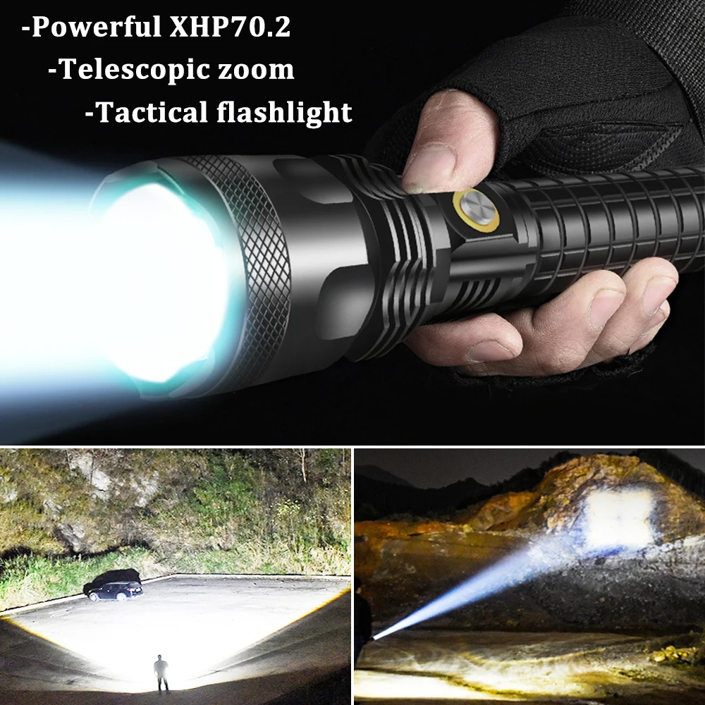 Фонарь Glare LED с аккумулятором XHP70.2 и 3 режимами работы, водонепроницаемый, с функцией зума и использованием батареи 26650.