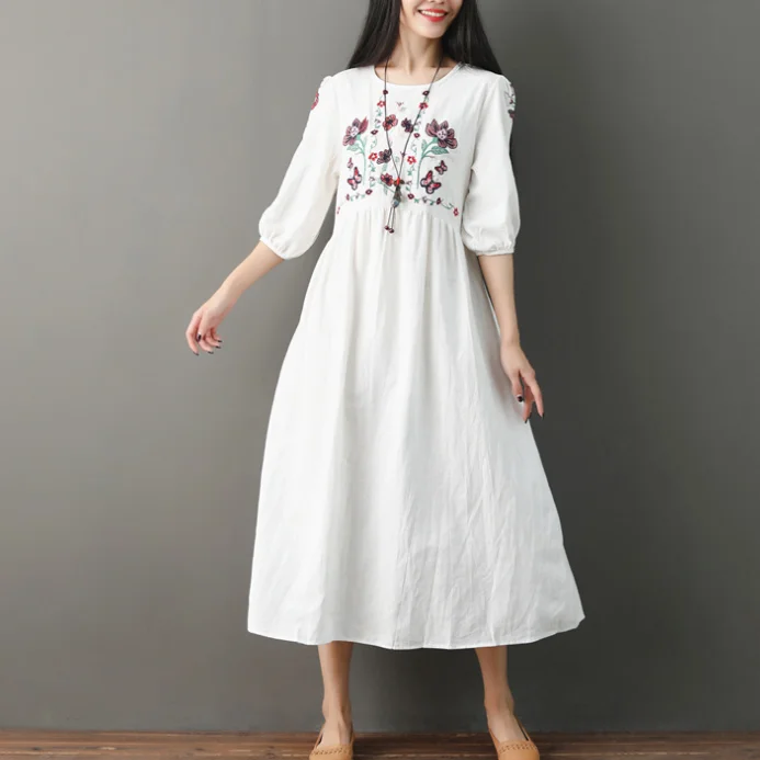 Винтажное платье с цветочной вышивкой в китайском стиле из хлопка и льна