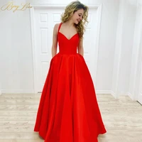 sexy red prom dresses 2020 satin halter neck gown sweetheart neck long party girls evening dress new arrival with pocket