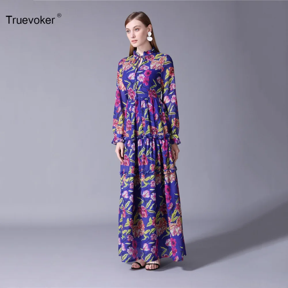 Autumn Designer Maxi Dress Women's High Quality Long Sleeve Multicolor Floral Printed Ruffle Patchwork Long Dress