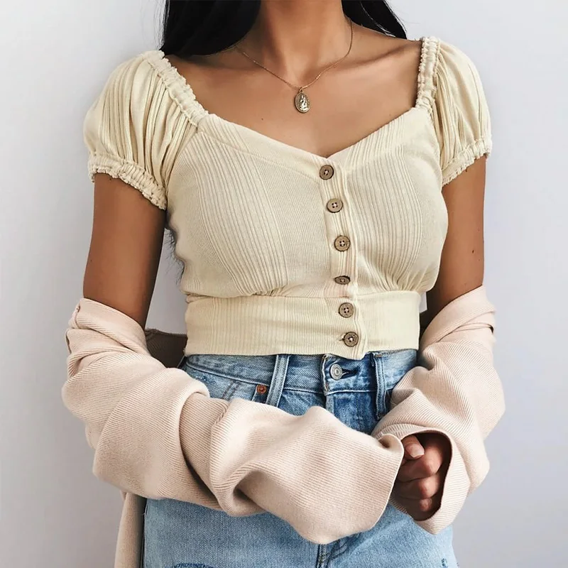 Женский винтажный свитер Conmoto Однотонный с оборками и коротким рукавом вязаный