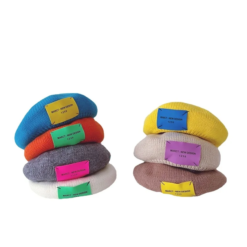 2022 Children's Knitted Autumn and Winter Boys and Girls Baby Concave Shape Navy Hat Color Label Wool Hats