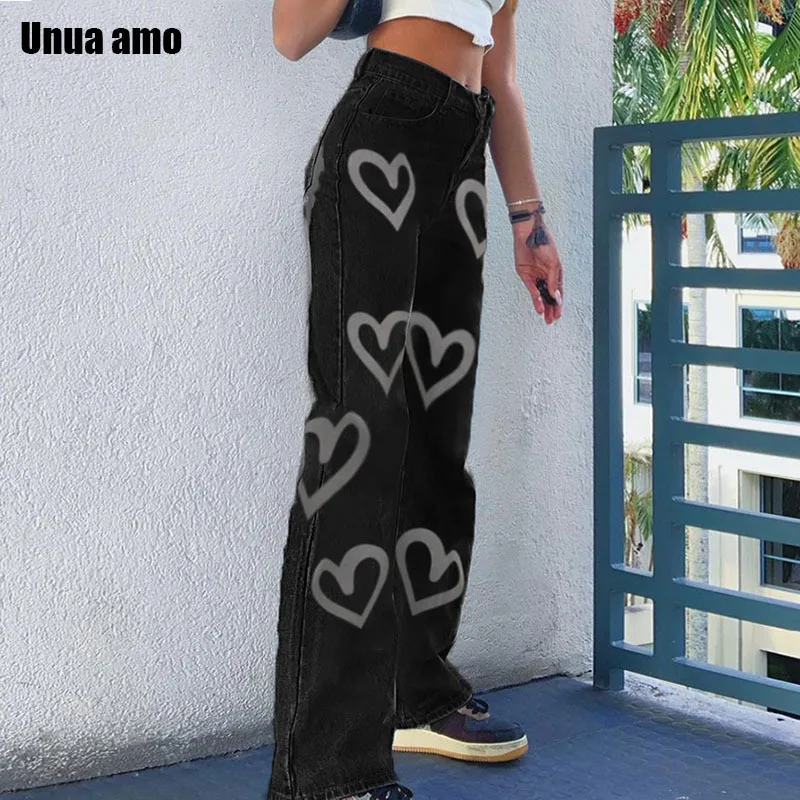 Unua amo Heart Graffiti Print Baggy Straight Jeans Women Wild Casual Denim Trousers Female Streetwear Cargo Pants Femme