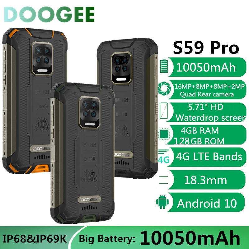 

DOOGEE S59 Pro 4+128GB 10050mAh Smartphone Long Standby Time IP68/IP69K NFC Rugged Smart phone 2W Loud Volume Speaker Cellphones