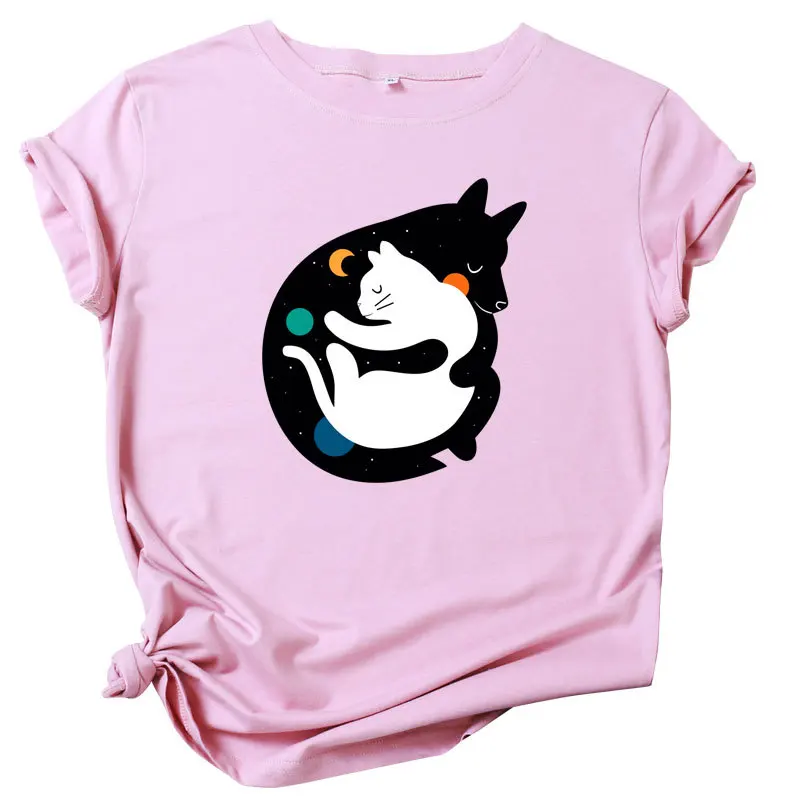 

Summer Cotton T Shirts Female Gentle Cat Print Graphic Tees Plus Size Women Clothing Summer Casual Shirts Streetwear