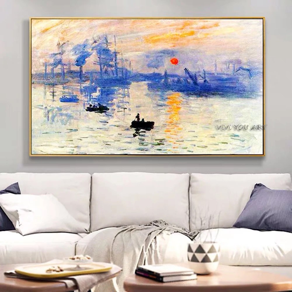 

100% Handmade Claude Monet Impression Sunrise Famous Landscape Oil Painting on Canvas Art Poster Wall Picture for Living Room