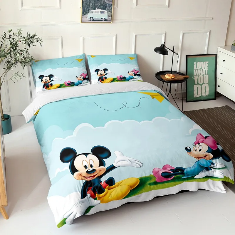 

Home Textile Disney Cartoon Mickey Minnie Mouse Down Quilt Cover & Pillowcase Bedroom Decoration Gift Bedding Set 3 Pieces