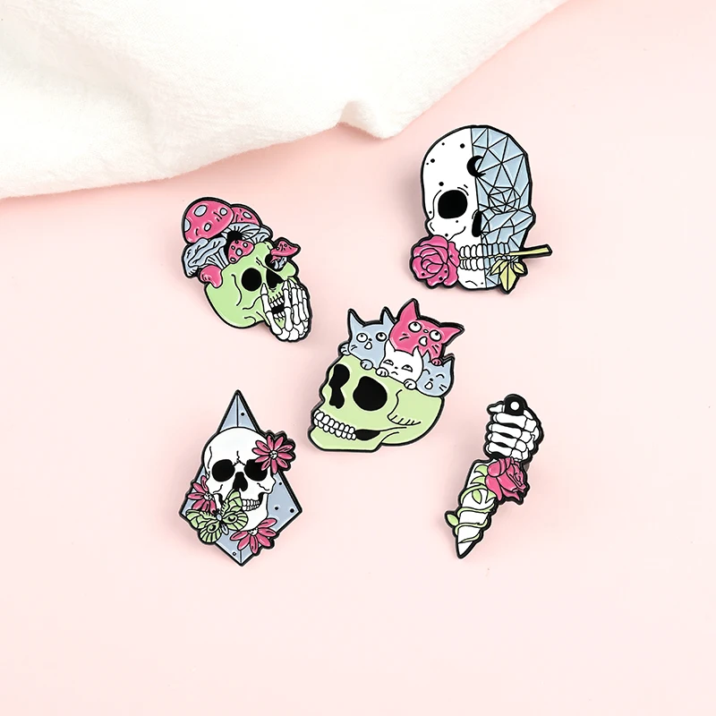 

Living Skeleton Enamel Pins Custom Rose Cats Skull Dagger Brooch Lapel Badge Bag Punk Gothic Jewelry Gift for Friends