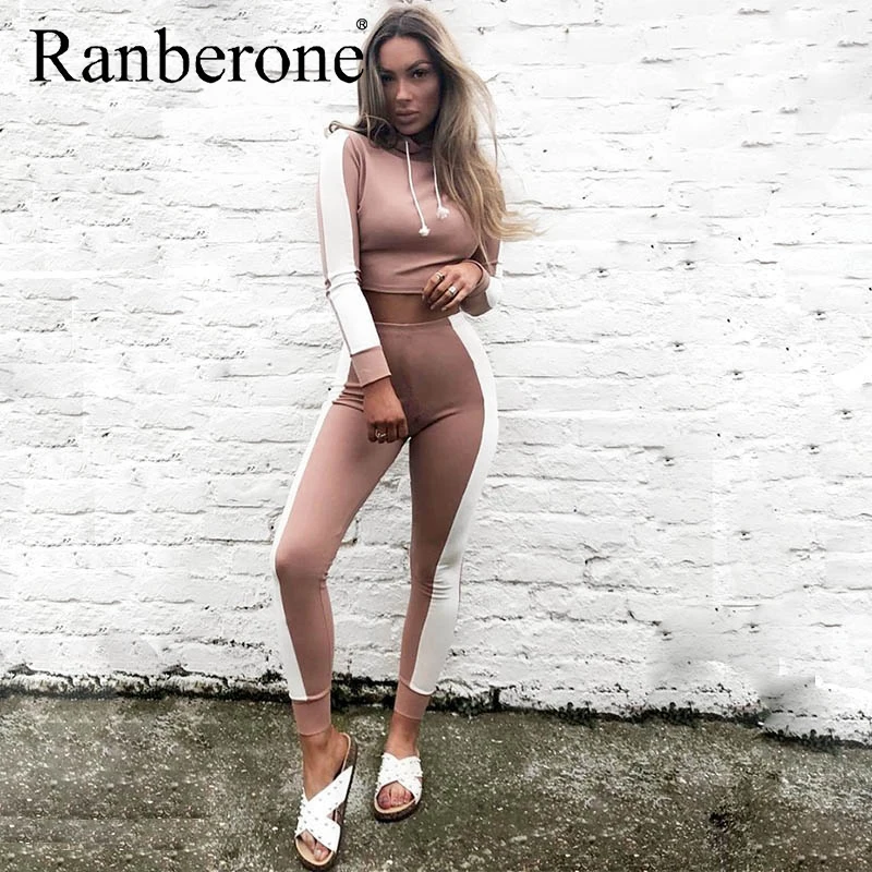 Raneberone Side Stripe Tracksuit Women Sportwear Solid Hoodie Sweatshirt Crop Top Hoodies Jogging Pants 2 Pcs Activewear Hot