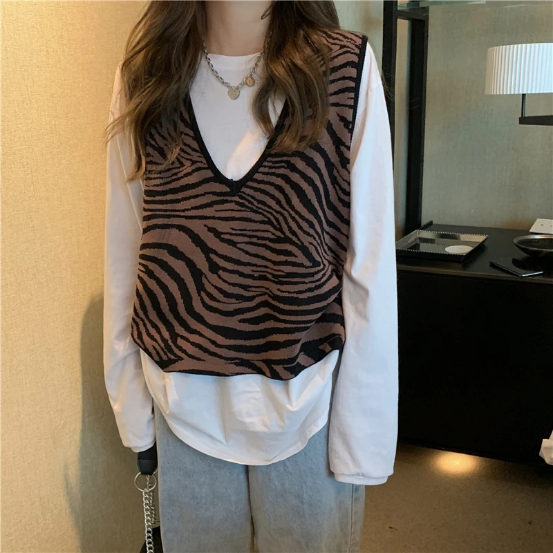 

NEW Vest Women V-neck Sleeveless Knitted Boyfriend Ulzzang Zebra Pattern NEW Arrival Popular Cool Streetwear All-match Chic Styl