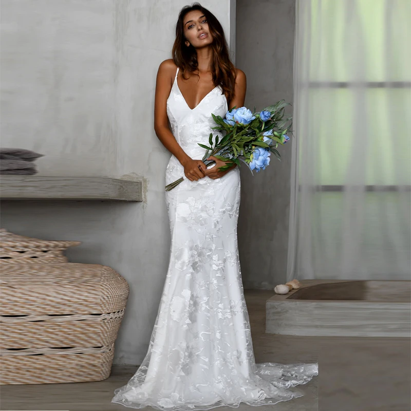 

Verngo Sexy Backless Mermaid Wedding Dress Spaghetti Straps Lace And Tulle Sweep Train Bridal Gowns 2021 Robe de mariage