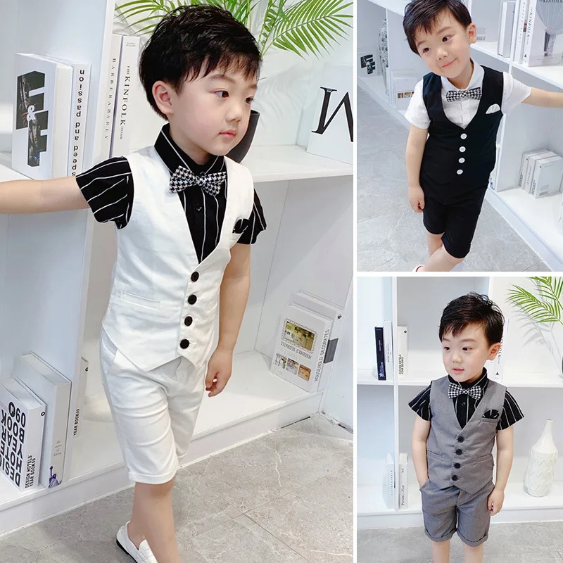 

autumn Fashion Flower Boys Wedding Suit dress Kids Solid vest +Pants 2Pcs children set clothes Kids Party Host Costume