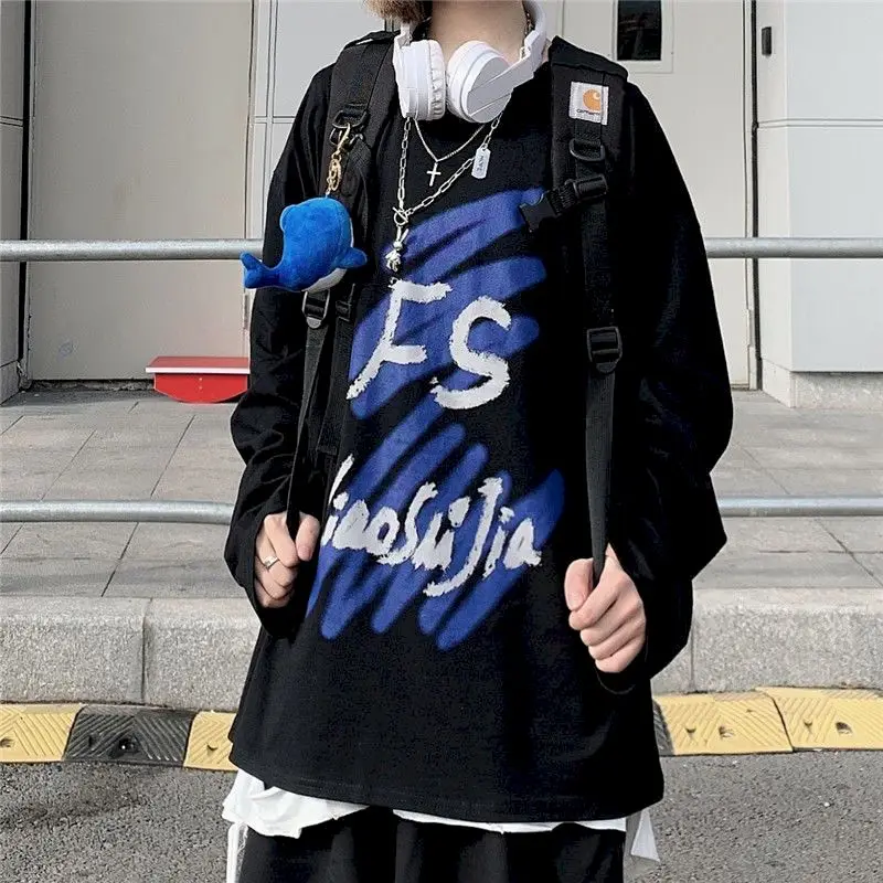 

2021 New Women's T-shirt Retro Personality Graffiti Letter Base Coat Loose Loose White Long-sleeved T-shirt Autumn