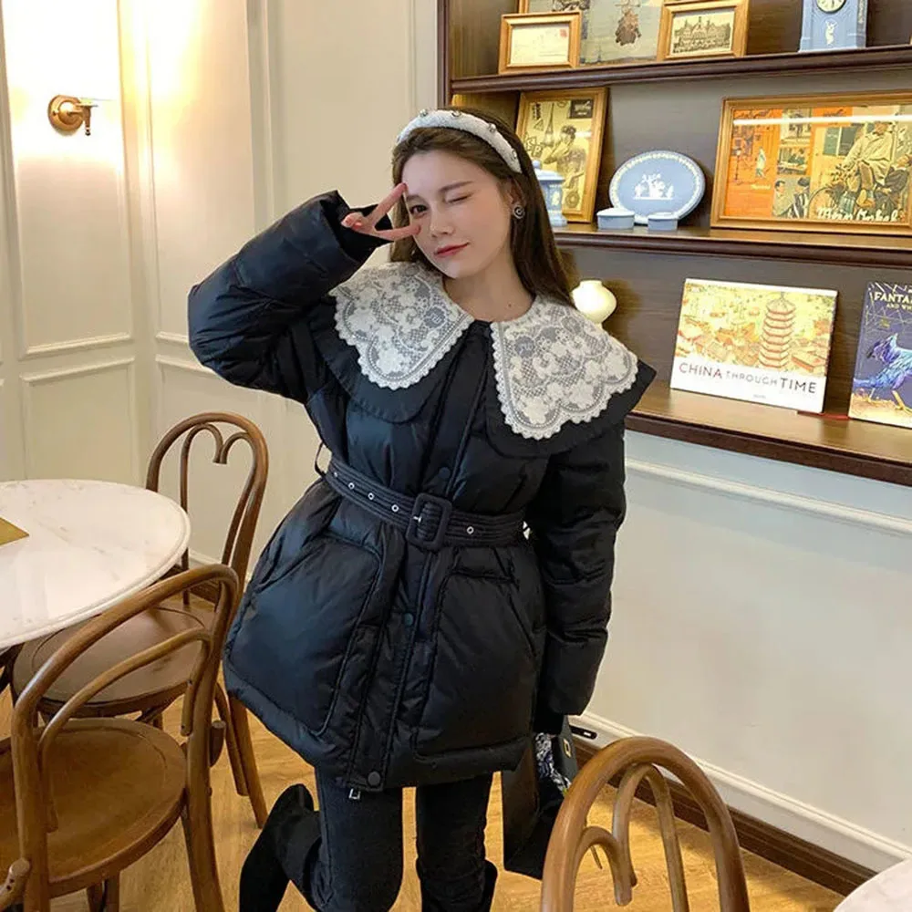 

Winter Japanese Sweet Lace Doll Collar Parkas Black Casual Cotton-pad Jackets Female Autumn Thick Warm Belt Bread Clothing Coats