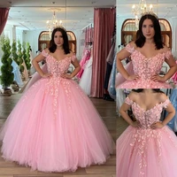 walk beside you off the shoulder pink quinceanera dress ball gown 2022 lace appliques flowers long illusion formal party gowns