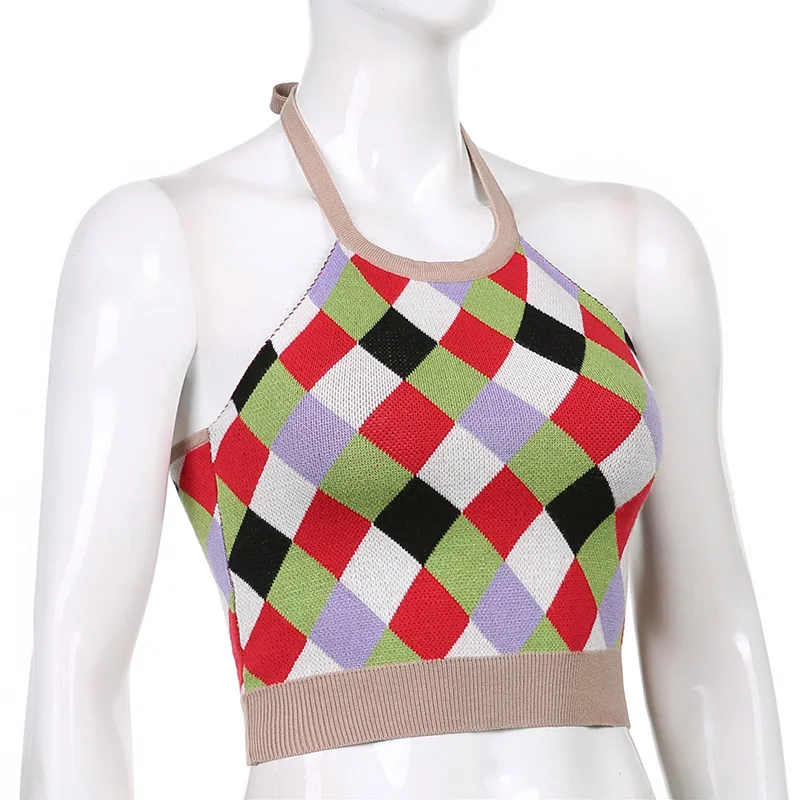 

ALLNeon 2000s Streetwear Colorful Plaid Print Backless Halter Tops Summer Y2K Aesthetics Lace-Up Knitted Sleeveless Tank Tops