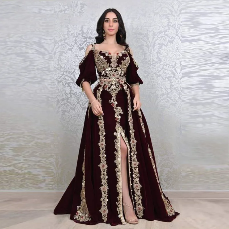 

Luxury Burgundy Mermaid Moroccan Kaftan Formal Evening Dress Half Sleeves Sexy Slit Front Lace Crystals Beads Arabic Dubai Gowns