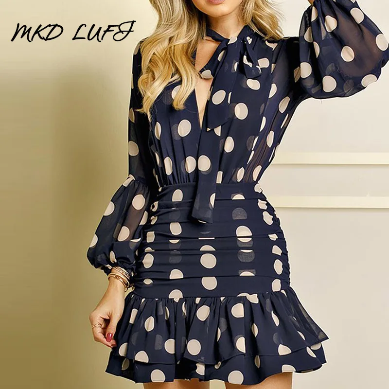 

Dot Print Mesh Ruffles Dress Women Tied Neck Open Back Elegant Ruched Mini Dress Long Sleeve Casual Dress Workwear