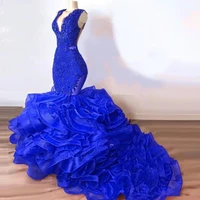 sexy african royal blue mermaid prom dresses long ruched deep v neck appliques beads evening dress long dresses evening gown