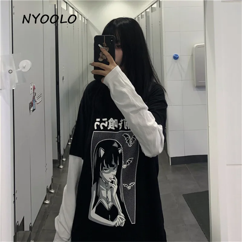 NYOOLO Harajuku стиль Манга Девушка японский с буквенным принтом топы Поддельные из двух частей Лоскутная футболка с длинными рукавами женская мужская одежда Топ