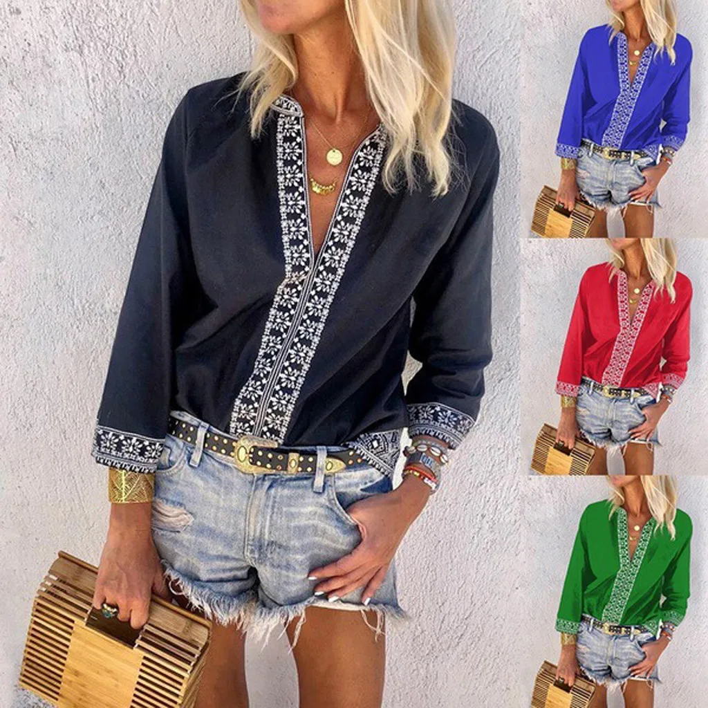

Women Bohemian Printed Blouse Plus Size Casual Loosed Female Tops Shirts 2020 V-neck Three Quarter Sleeve Blusas Mujer De Moda