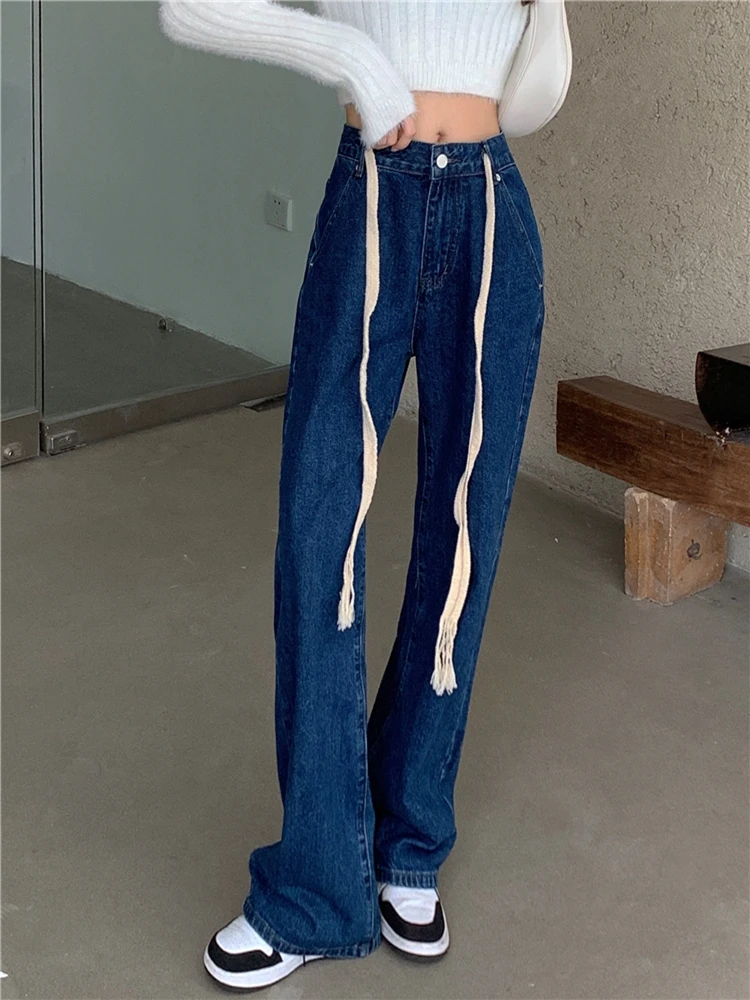 

Женские джинсы с завышенной талией и толстым шнурком, новинка весны 2022, Свободные повседневные универсальные прямые брюки, классические дж...